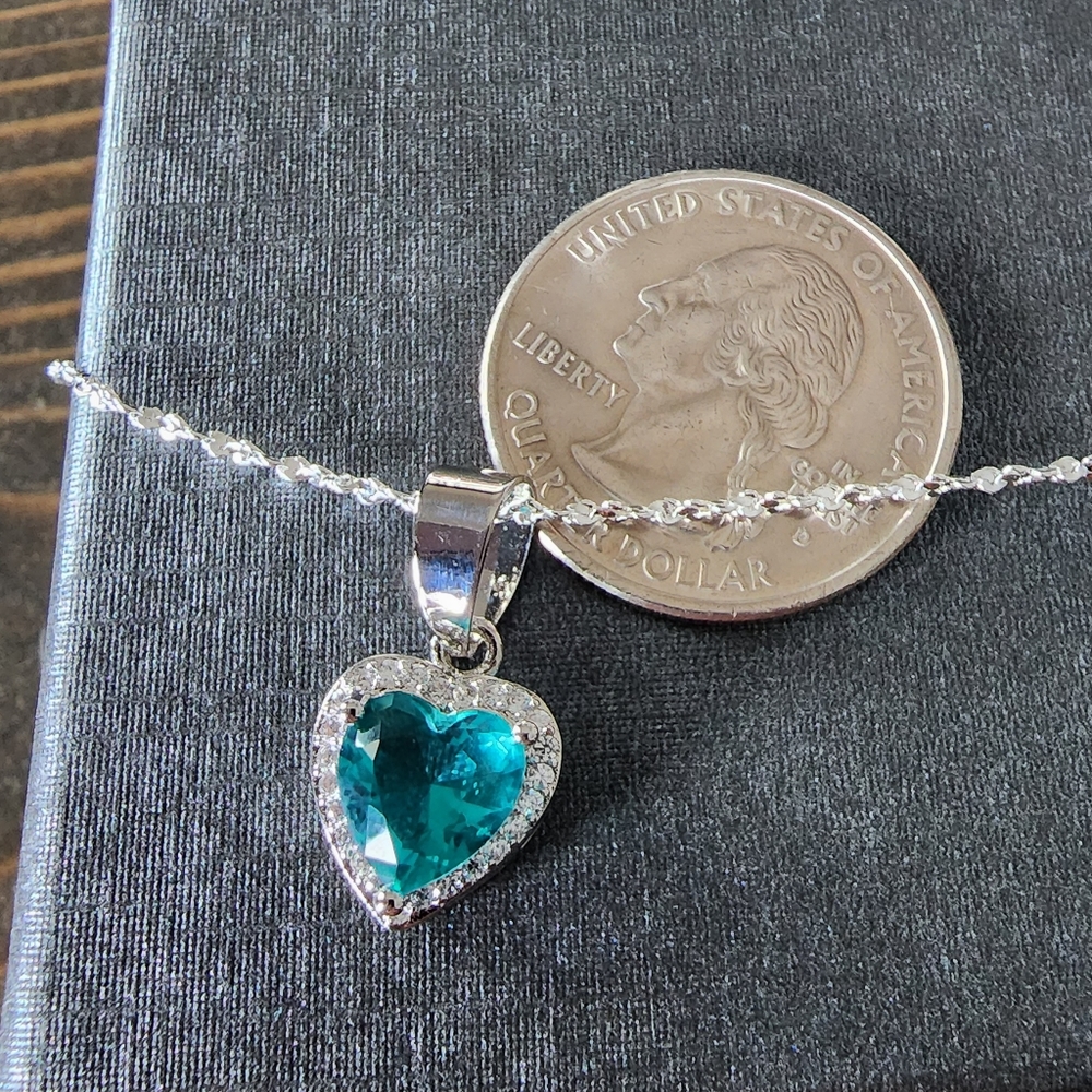 New 925 Sterling Silver Aquamarine Heart Pendant White Topaz accents necklace - Picture 6 of 11